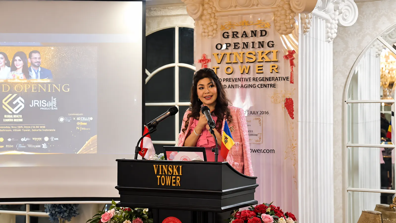 Deby Vinski speaking at the Vinski Tower podium