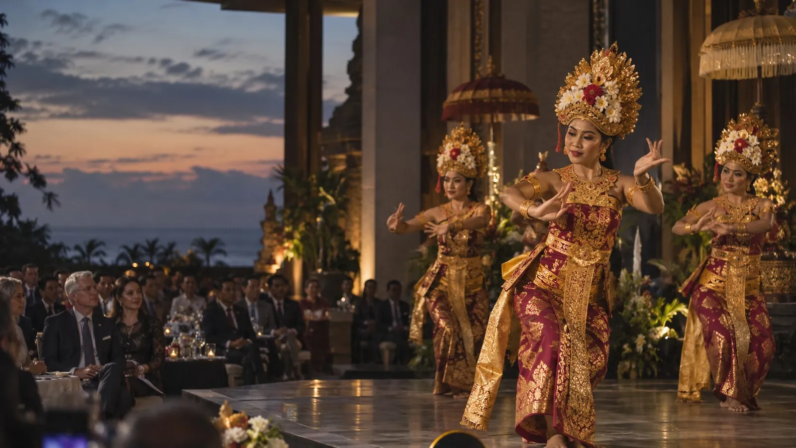 Balinese dancers performing for an international audience in Bali