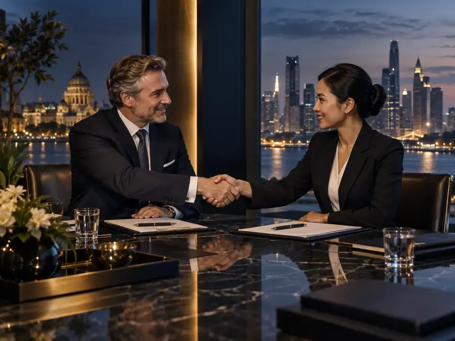 European and Southeast Asian executives closing a business partnership