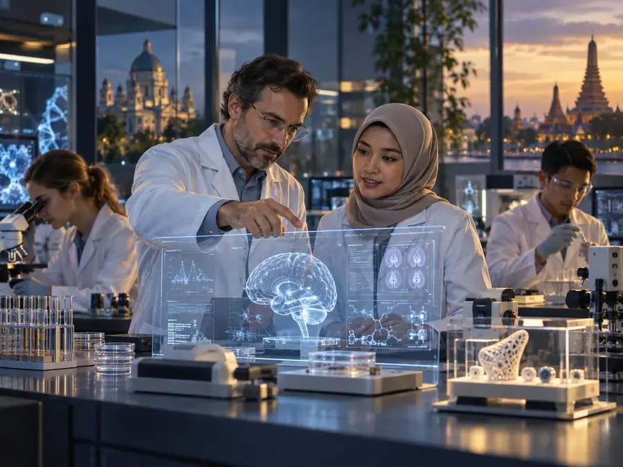 International scientists working together in a health technology laboratory